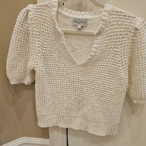 Michael Stars Ivory Textured V-Neck Short Sleeve Sweater